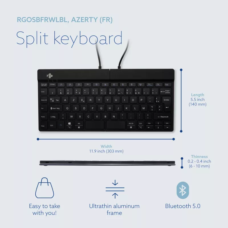 R-Go Tools ergonominen näppäimistö R-Go Split Break tauko-ohjelmistolla, ergonominen jaettu näppäimistö, AZERTY (FR), Bluetooth, musta
