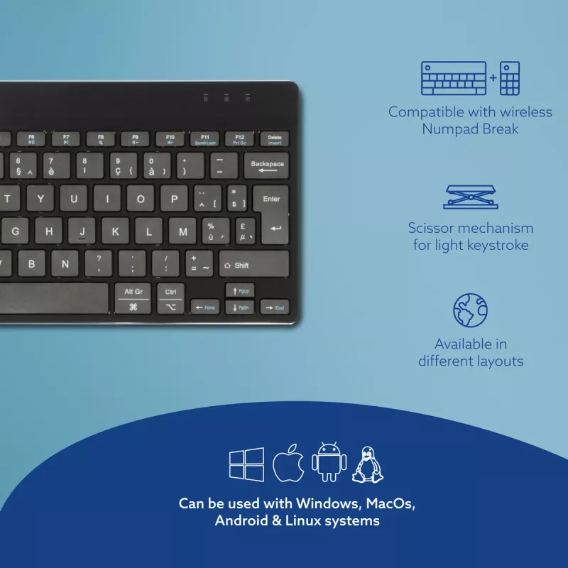 R-Go Tools ergonominen näppäimistö R-Go Compact Break, kompakti näppäimistö tauko-ohjelmistolla, AZERTY (BE), Bluetooth, musta