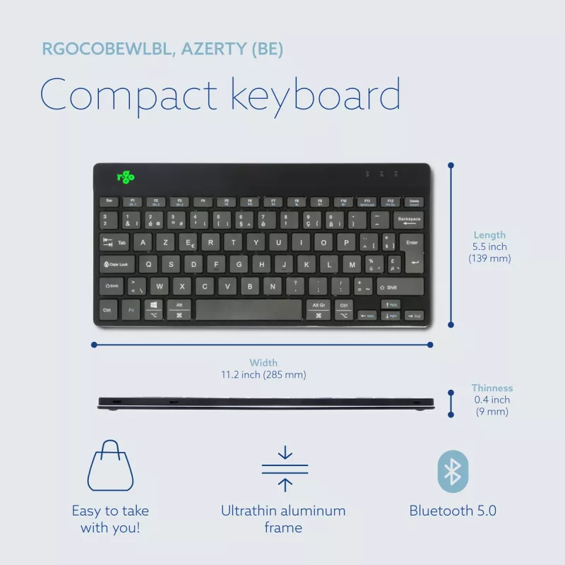 R-Go Tools ergonominen näppäimistö R-Go Compact Break, kompakti näppäimistö tauko-ohjelmistolla, AZERTY (BE), Bluetooth, musta