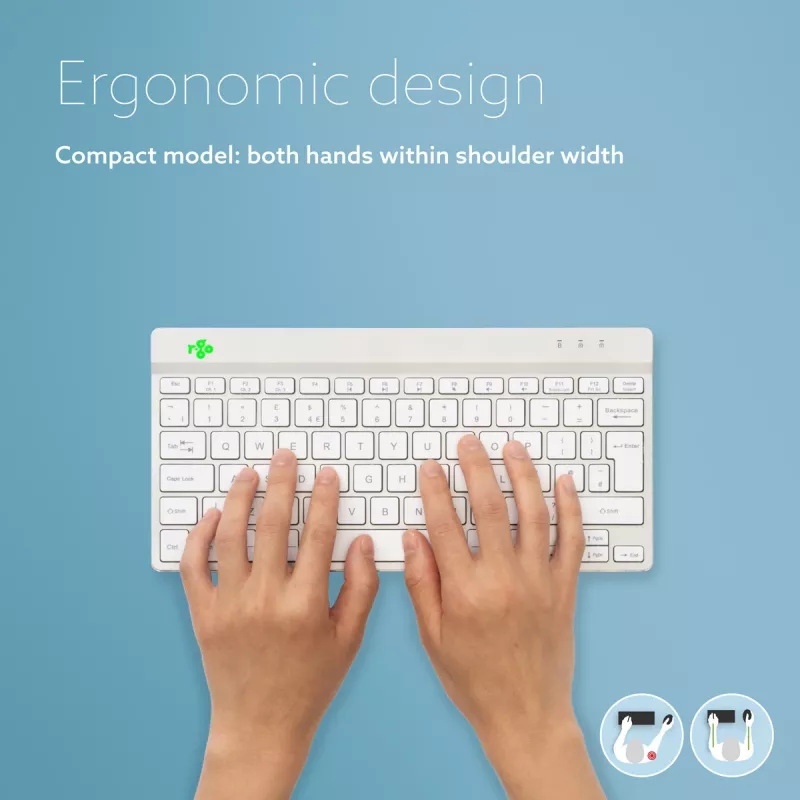 R-Go Tools ergonominen näppäimistö R-Go Compact Break, kompakti näppäimistö tauko-ohjelmistolla, AZERTY (BE), Bluetooth, valkoinen