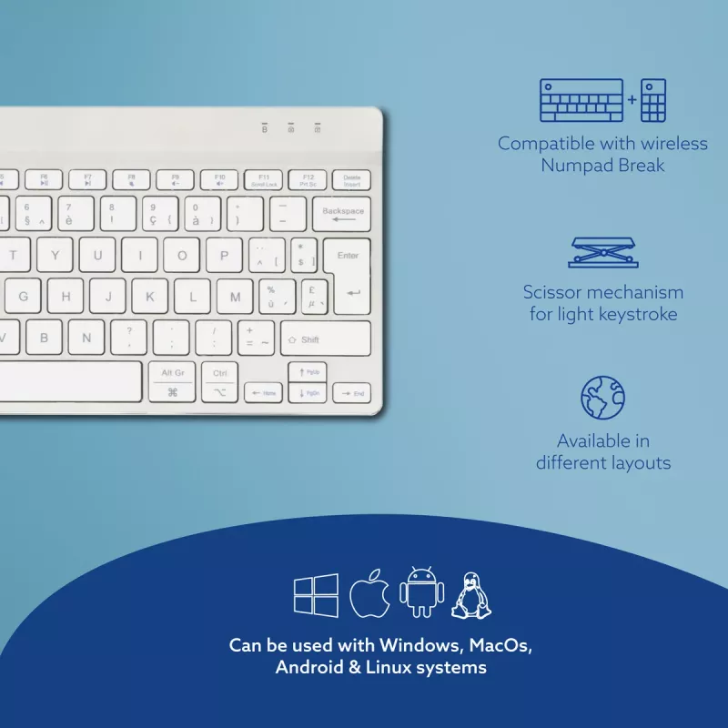R-Go Tools ergonominen näppäimistö R-Go Compact Break, kompakti näppäimistö tauko-ohjelmistolla, AZERTY (BE), Bluetooth, valkoinen