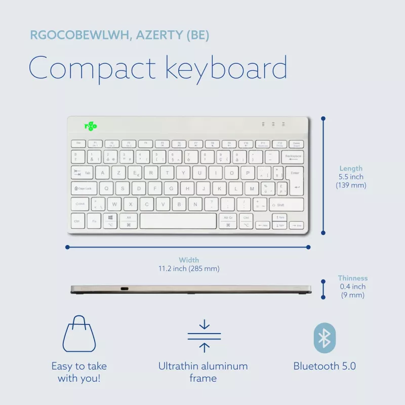 R-Go Tools ergonominen näppäimistö R-Go Compact Break, kompakti näppäimistö tauko-ohjelmistolla, AZERTY (BE), Bluetooth, valkoinen