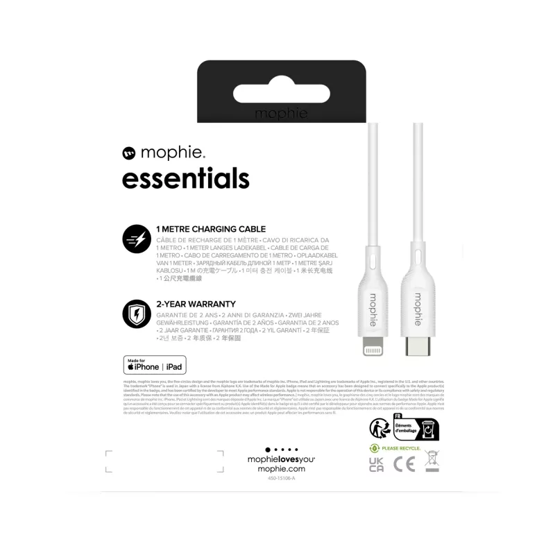 mophie essentials Lightning - USB-C | latauskaapeli (1M) valkoinen