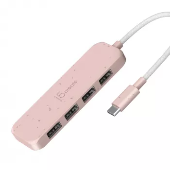 USB-C - 4-porttinen USB-A Gen 2 -keskitin j5create — 10 Gbit/s, USB 3.2, rose, kierrätetty ABS-muovi, 100×27×19 mm