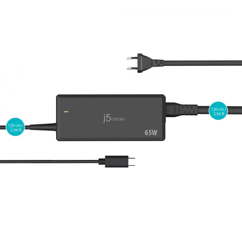 USB-C PD -virtasovitin j5create JUP1265 — 65W, sisäkäyttöön, musta, muovia, 118×32×50 mm (EU)