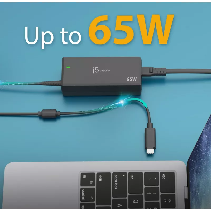 USB-C PD -virtasovitin j5create JUP1265 — 65W, sisäkäyttöön, musta, muovia, 118×32×50 mm (EU)