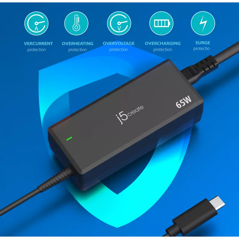 USB-C PD -virtasovitin j5create JUP1265 — 65W, sisäkäyttöön, musta, muovia, 118×32×50 mm (EU)