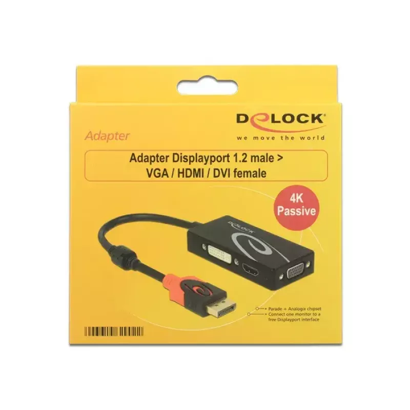 Delock 62902 DisplayPort 1.2 - VGA / HDMI / DVI -sovitin, 4K, passiivinen, musta