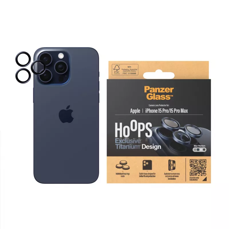 PanzerGlass Hoops kameran linssinsuoja iPhone 15 Pro 15 Pro Max sininen titanium naarmuuntumaton iskunkestävä