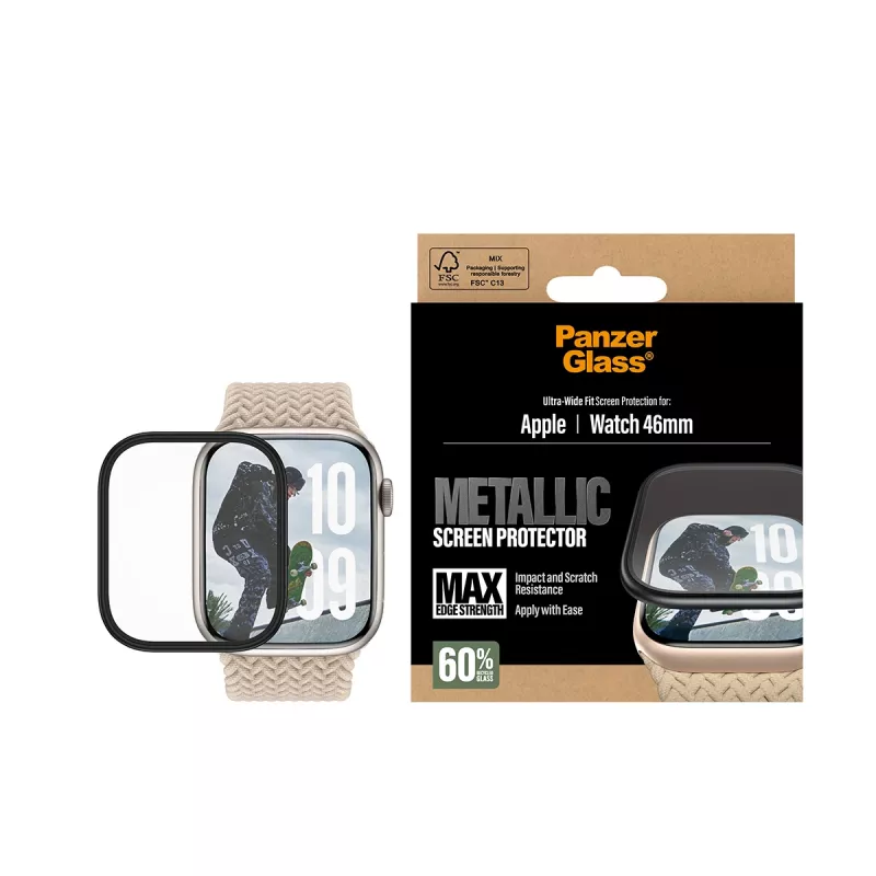 PanzerGlass näytönsuoja mustalla metallikehyksellä Apple Watchille, malli PG56329