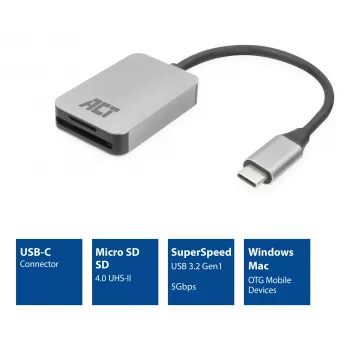 Kortinlukija ACT AC7056 USB 3.2 Gen 1 Type-C harmaa MicroSD SD