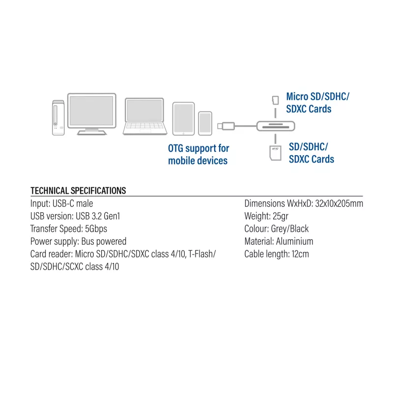 Kortinlukija ACT AC7056 USB 3.2 Gen 1 Type-C harmaa MicroSD SD