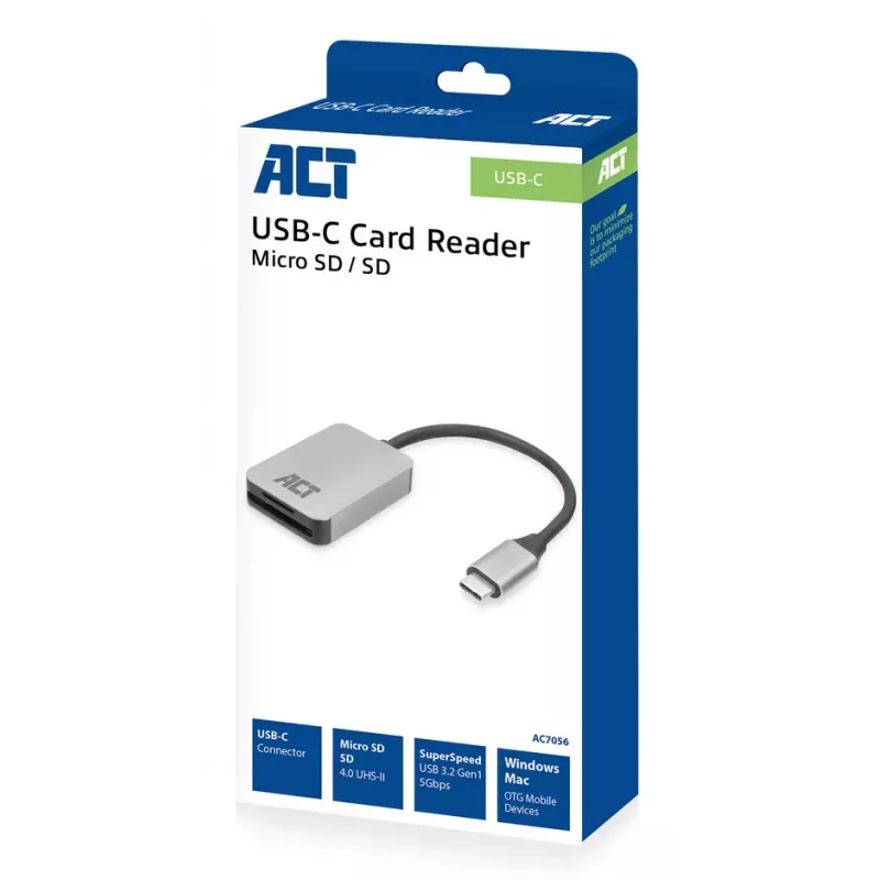 Kortinlukija ACT AC7056 USB 3.2 Gen 1 Type-C harmaa MicroSD SD