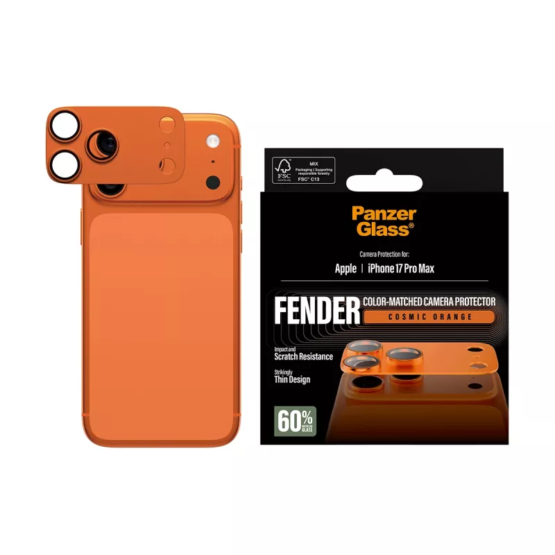 Kameransuoja PanzerGlass Fender iPhone 17 Pro Max, silikoni, Cosmic Orange, naarmu- ja iskunkestävä