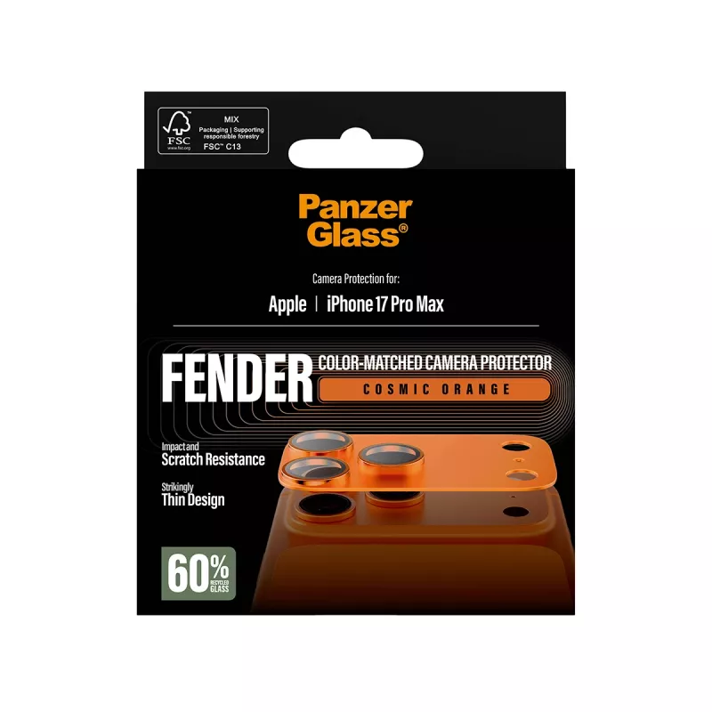Kameransuoja PanzerGlass Fender iPhone 17 Pro Max, silikoni, Cosmic Orange, naarmu- ja iskunkestävä