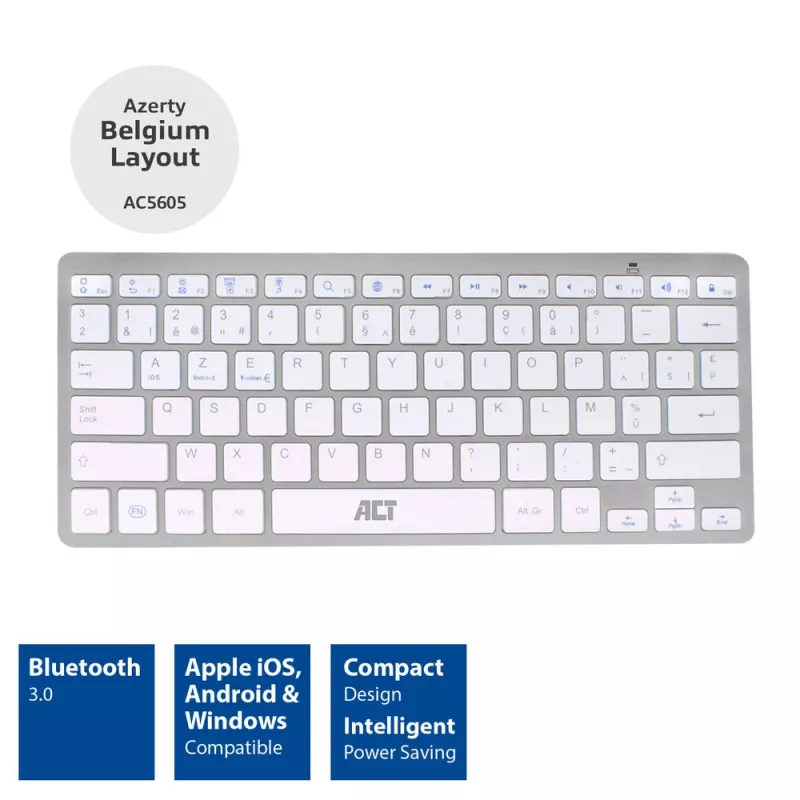 ACT kannettava Bluetooth-näppäimistö Azerty/BE-asettelu langaton valkoinen 75%
