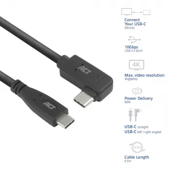 ACT USB 3.0 10Gbps 60W USB Type-C (suora) - USB Type-C (vasen/oikea kulma) -kaapeli, 0,5 metriä