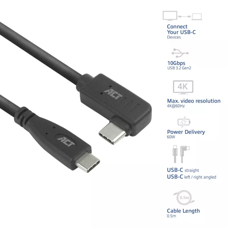 ACT USB 3.0 10Gbps 60W USB Type-C (suora) - USB Type-C (vasen/oikea kulma) -kaapeli, 0,5 metriä
