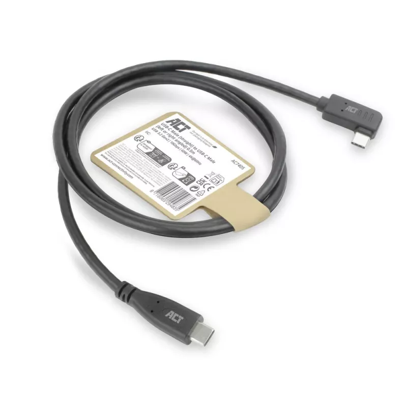 ACT USB 3.0 10Gbps 60W USB Type-C (suora) - USB Type-C (vasen/oikea kulma) -kaapeli, 3 metriä