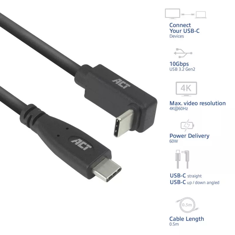 ACT USB 3.0 10 Gbit/s 60 W USB Type-C (suora) - USB Type-C (ylös/alas kulma) -kaapeli, 0,5 metriä