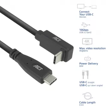 ACT USB 3.0 10Gbps 60W USB Type-C (suora) - USB Type-C (ylös/alas kulma) -kaapeli, 1 metri