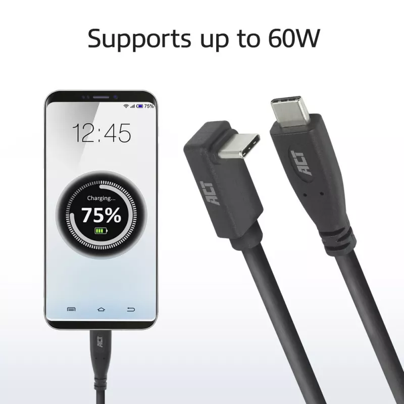 ACT USB 3.0 10Gbps 60W USB Type-C (suora) - USB Type-C (ylös/alas kulma) -kaapeli, 2 metriä