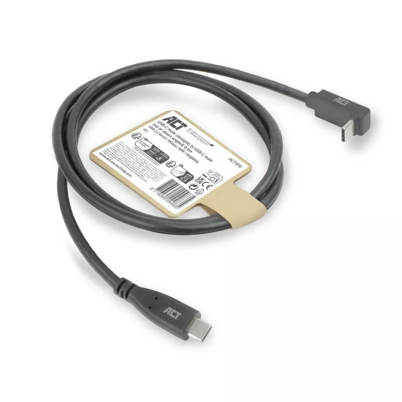 ACT USB 3.0 10Gbps 60W USB Type-C (suora) - USB Type-C (ylös/alas kulma) -kaapeli, 2 metriä