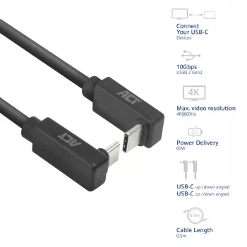 ACT USB 3.0 10Gbps 60W USB Type-C (ylös/alas kulma) - USB Type-C (ylös/alas kulma) -kaapeli, 0,5 metriä