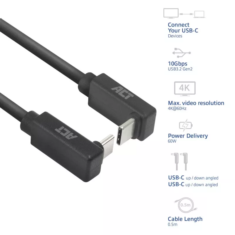 ACT USB 3.0 10Gbps 60W USB Type-C (ylös/alas kulma) - USB Type-C (ylös/alas kulma) -kaapeli, 1 metri