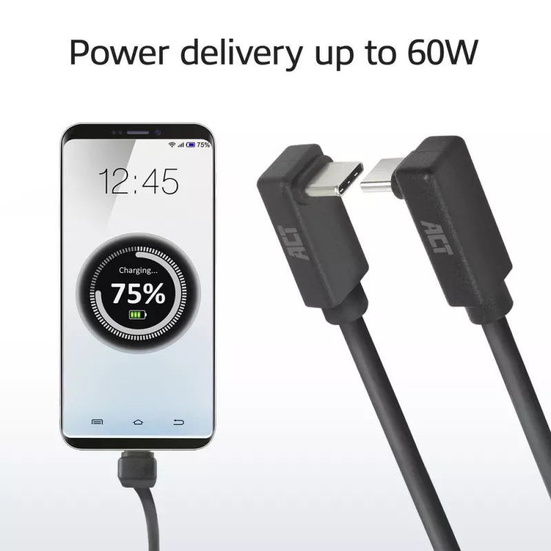 ACT USB 3.0 10Gbps 60W USB Type-C (ylös/alas kulma) - USB Type-C (ylös/alas kulma) -kaapeli, 2 metriä