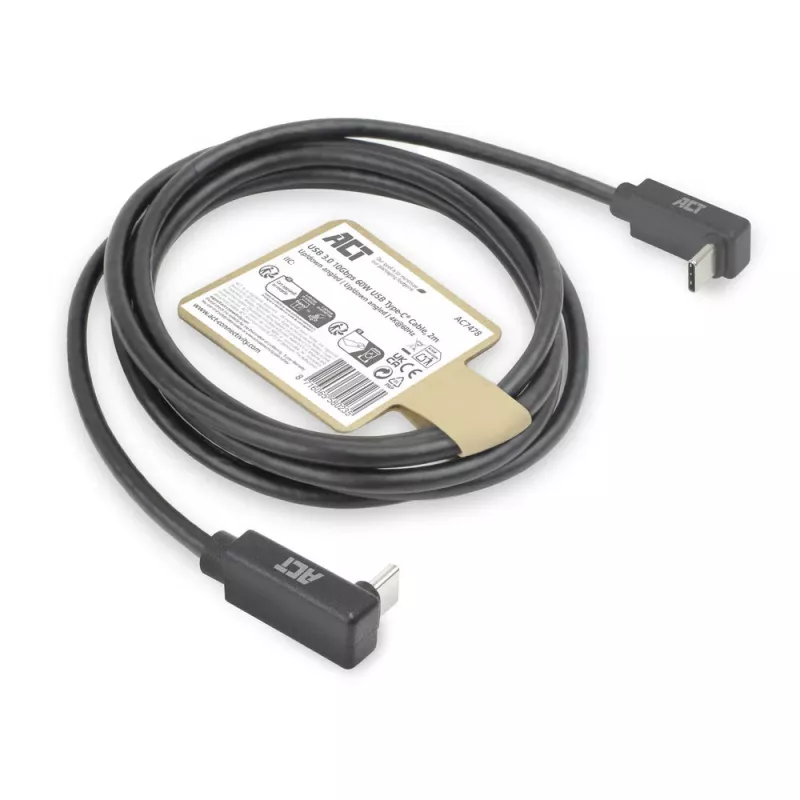 ACT USB 3.0 10Gbps 60W USB Type-C (ylös/alas kulma) - USB Type-C (ylös/alas kulma) -kaapeli, 2 metriä