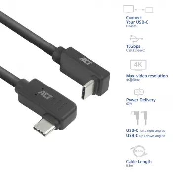 ACT USB 3.0 10 Gbit/s 60 W USB Type-C (vasen/oikea kulma) - USB Type-C (ylös/alas kulma) -kaapeli, 0,5 metriä
