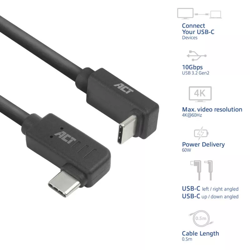 ACT USB 3.0 10Gbps 60W USB Type-C (vasen/oikea kulma) - USB Type-C (ylös/alas kulma) -kaapeli, 2 metriä