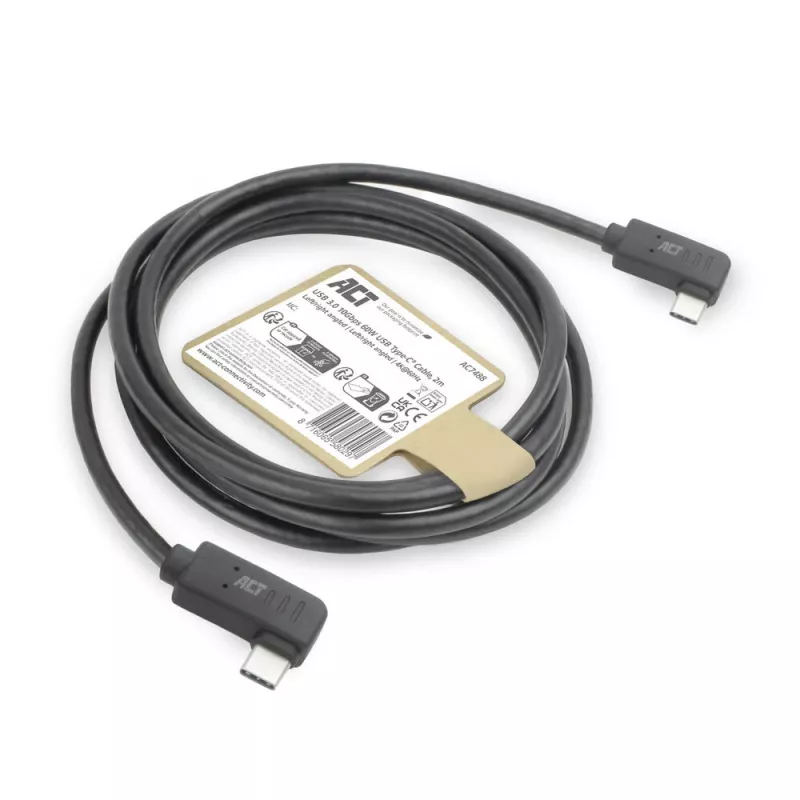 ACT USB 3.0 10Gbps 60W USB Type-C (vasen/oikea kulma) - USB Type-C (vasen/oikea kulma) -kaapeli, 0,5 metriä