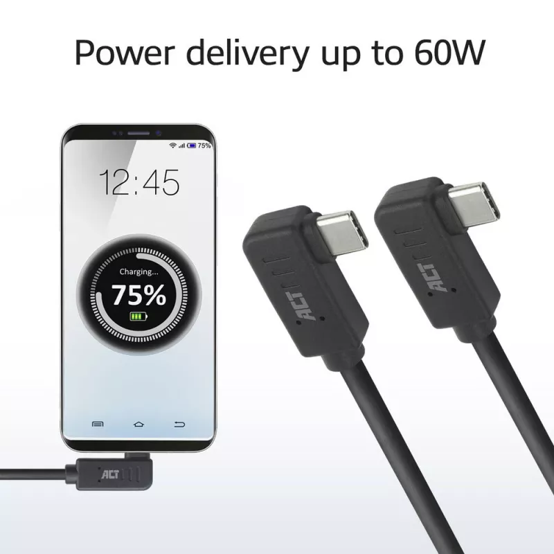 ACT USB 3.0 10 Gbit/s 60 W USB Type-C (vasen/oikea kulma) - USB Type-C (vasen/oikea kulma) -kaapeli, 1 metri