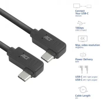 ACT USB 3.0 10Gbps 60W USB Type-C® (vasen/oikea kulma) - USB Type-C® (vasen/oikea kulma) -kaapeli, 2 metriä