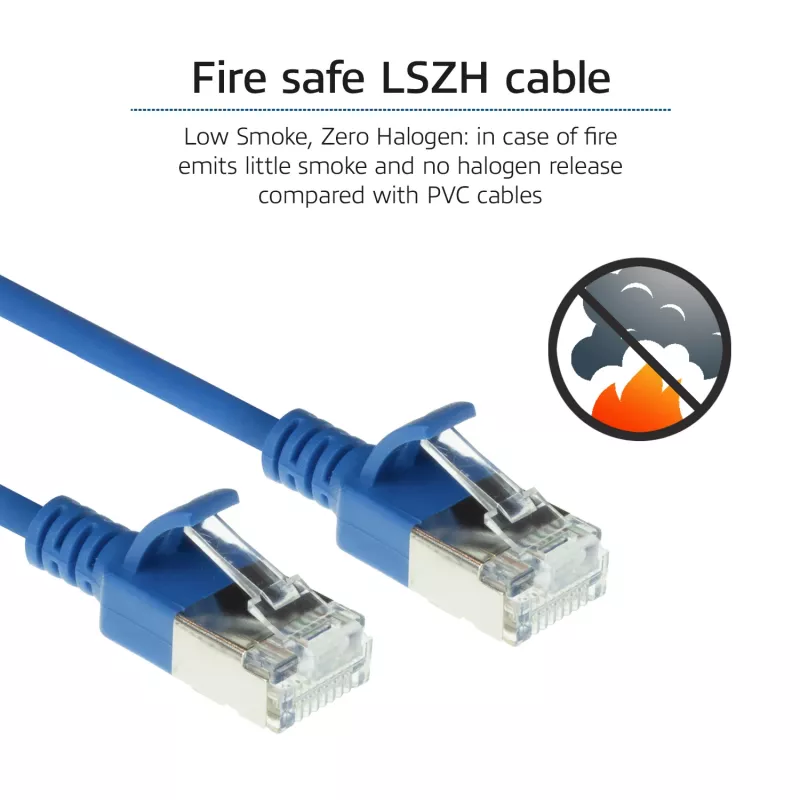 ACT sininen 1 metri LSZH U/FTP CAT6A datacenter-slimline-patchkaapeli ilman lukituskielekettä RJ45-plugeilla