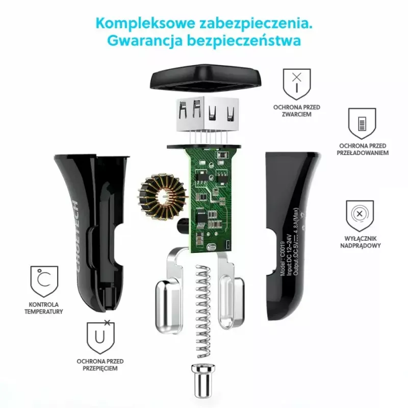 Virtalähde CHOETECH C0051 dual USB-A 36W QC3.0, musta