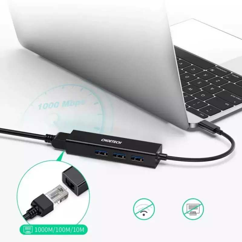 USB Type-C – RJ-45 Ethernet -sovitin, jossa 3x USB Type-A CHOETECH HUB-U02BK