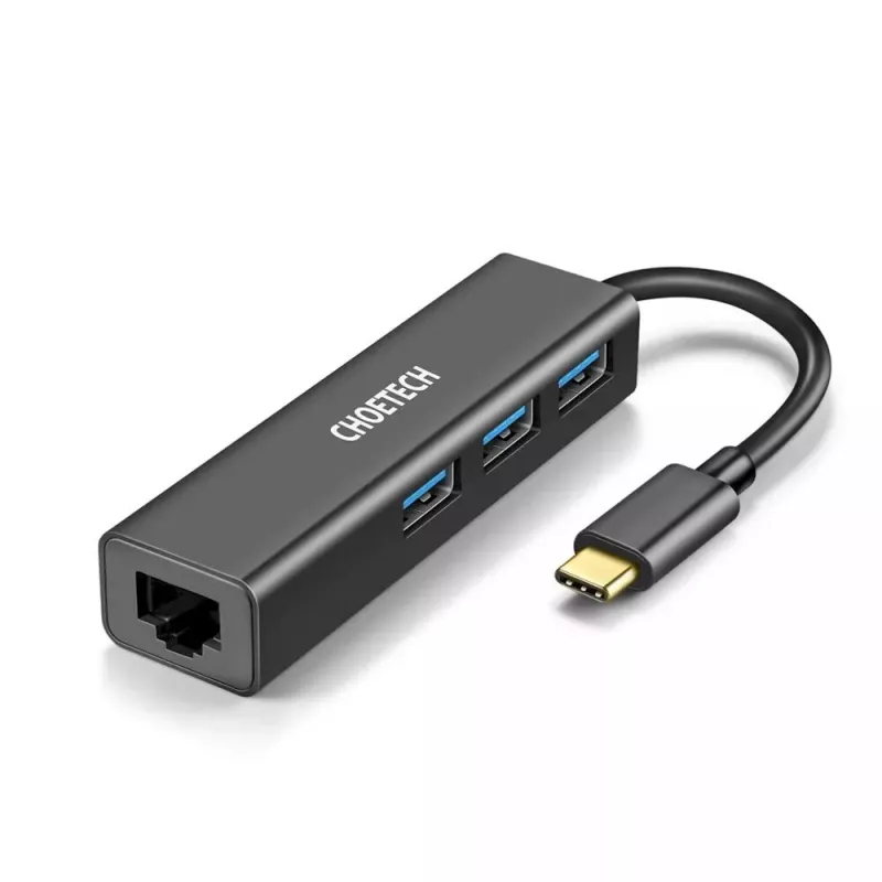 USB Type-C – RJ-45 Ethernet -sovitin, jossa 3x USB Type-A CHOETECH HUB-U02BK