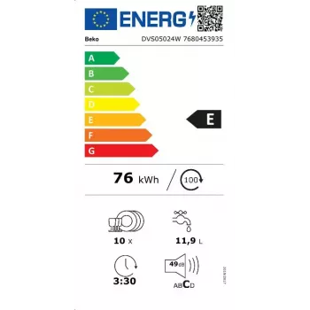 Ohut vapaasti seisova astianpesukone BEKO DVS05024W — 10 astiastoa, 45 cm, 49 dB, energialuokka E