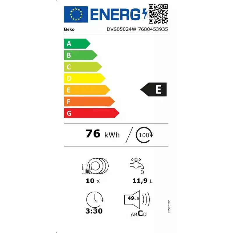 Ohut vapaasti seisova astianpesukone BEKO DVS05024W — 10 astiastoa, 45 cm, 49 dB, energialuokka E