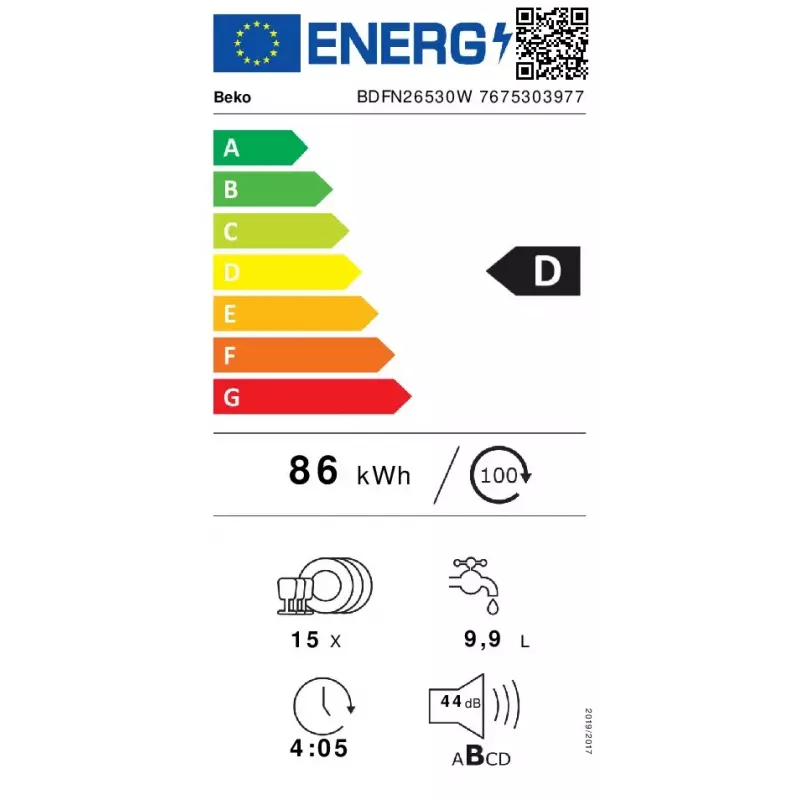 Beko BDFN26530W vapaasti seisova astianpesukone 15 astiastosarjaa 44 dB