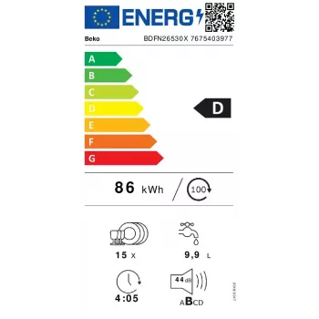 BEKO BDFN26530X vapaasti seisova astianpesukone, täysikokoinen 60 cm, 15 astiastoa, 44 dB, 6 ohjelmaa