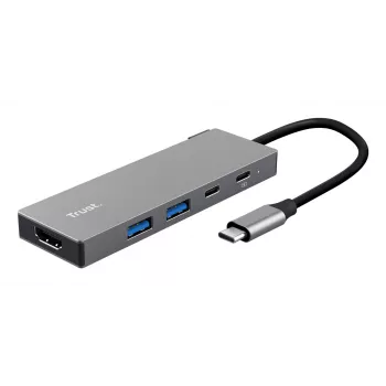 USB Type-C-keskitin TRUST 26062 — HDMI + USB 3.2 Gen 1 Type-A & Type-C, harmaa, 5 liitäntää