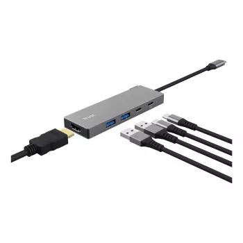 USB Type-C-keskitin TRUST 26062 — HDMI + USB 3.2 Gen 1 Type-A & Type-C, harmaa, 5 liitäntää
