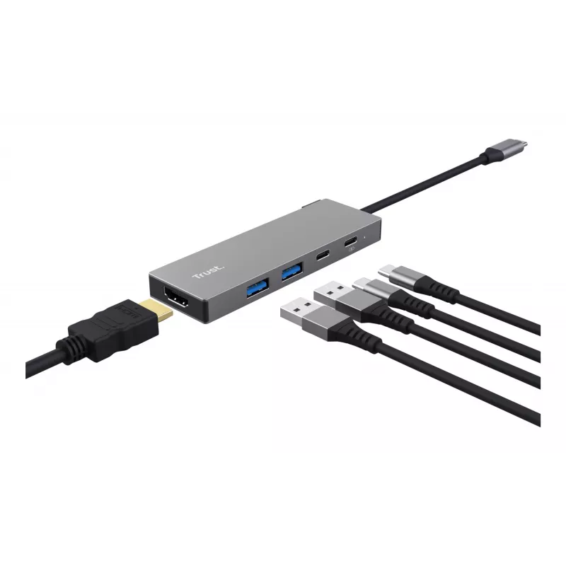 USB Type-C-keskitin TRUST 26062 — HDMI + USB 3.2 Gen 1 Type-A & Type-C, harmaa, 5 liitäntää