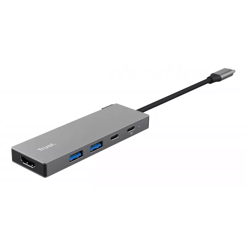 USB Type-C-keskitin TRUST 26062 — HDMI + USB 3.2 Gen 1 Type-A & Type-C, harmaa, 5 liitäntää