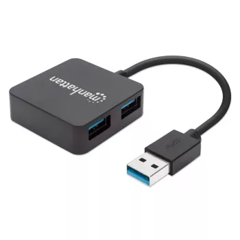 Manhattan USB-A 4-porttinen keskitin, 4x USB-A-porttia, 5 Gbps (USB 3.2 Gen1 eli USB 3.0), USB-käyttöinen (ei ulkoista virtalähdettä tarvita). Pikalataus: 1 portti jopa 0,9 A; lataus 4 portissa vaatii ulkoisen virtalähteen (ei sisälly toimitukseen), vastaa ST4300MINU3B