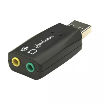 Manhattan USB-A -äänisovitin, USB-A – 3,5 mm mikrofonitulo ja äänilähtö, 480 Mbit/s (USB 2.0), tukee 3D- ja virtuaalista 5.1 Surround -ääntä, Hi-Speed USB, musta, kolmen vuoden takuu